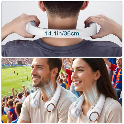 Portable Neck Cooling Fan With Three Speeds Bladeless Hands Free Wearable Design USB Rechargeable 4000mAh Battery in use outdoors
