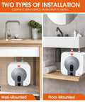 Instant Mini Electric Water Heater 110V Under Sink Tank, wall-mounted and floor-mounted under sinks, compact design.