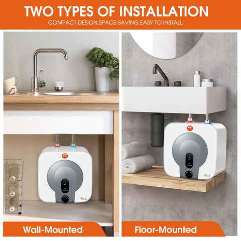 Instant Mini Electric Water Heater 110V Under Sink Tank, wall-mounted and floor-mounted under sinks, compact design.