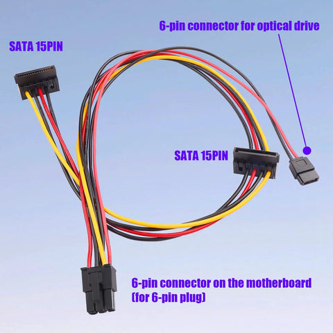 ATX 6 Pin To Dual SATA Power Adapter Cable 19.6 In Long One To Two SATA Power Splitter For HDD SSD And Optical Drive PC Build Extension Juiced Up Power Port Expansion, 2 SATA ports