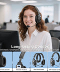 Woman using Trucker Bluetooth Headset With AI Noise Cancellation Microphone 65 Hours Talk Time Mute Button at office desk