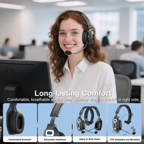 Woman using Trucker Bluetooth Headset With AI Noise Cancellation Microphone 65 Hours Talk Time Mute Button at office desk