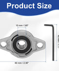 Pack Of Two Pillow Block Bearings With Three Eighths Inch Bore Zinc Alloy KFL000 with dimensions and mounting hardware shown