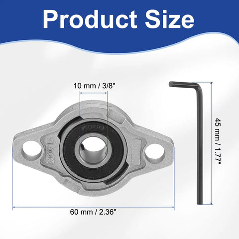 Pack Of Two Pillow Block Bearings With Three Eighths Inch Bore Zinc Alloy KFL000 with dimensions and mounting hardware shown