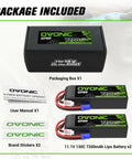 Beefy 7200mAh 11.1V 3S LiPo Battery With EC5 Connector pack includes two batteries, user manual, stickers, and box.