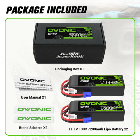 Beefy 7200mAh 11.1V 3S LiPo Battery With EC5 Connector pack includes two batteries, user manual, stickers, and box.