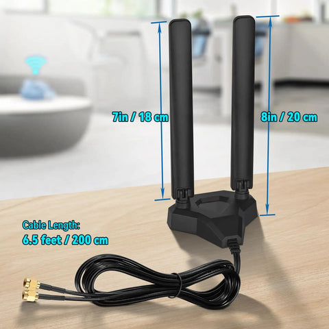 Tri Band WiFi 6E Antenna With Magnetic Base And 6.5 Ft Extension Cable For PC Desktop PCIe Card And Router on table
