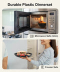 Microwave view with Unbreakable 24 Piece Dinnerware Set For Six With Plates Bowls And Cups, showing Durability and Safety features