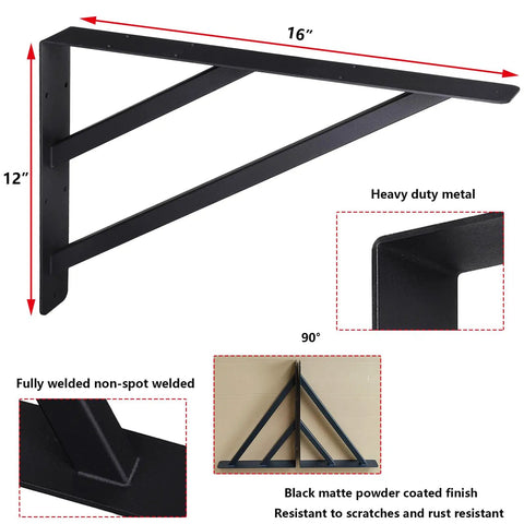 Two Pack Rock Solid Shelf Brackets 16 By 12 Inch Wall Mounted Heavy Duty Floating Support Braces Matte Black Steel Braces showing 90-degree angle.