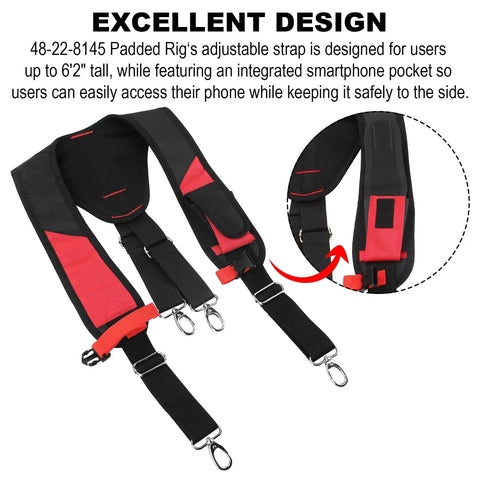 48-22-8145 Heavy Duty Padded Suspension Rig Replacement Backing for tool belts, featuring adjustable straps and smartphone pocket.