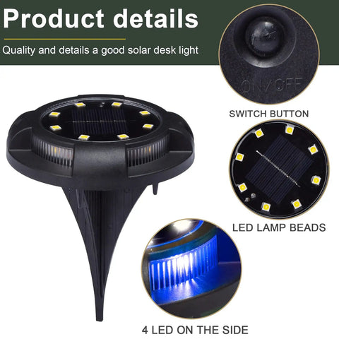 8 Pack Solar Ground Lights Deliver Lit Yard Glow With 12 LED Outdoor Lights, close-up of solar panel and LED beads