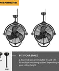 Rugged Outdoor 18 Inch Ceiling Mount Fan With Dual Height Mount Options shown with 6 and 12 inch downrods, black matte finish.