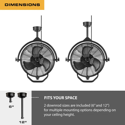 Rugged Outdoor 18 Inch Ceiling Mount Fan With Dual Height Mount Options shown with 6 and 12 inch downrods, black matte finish.