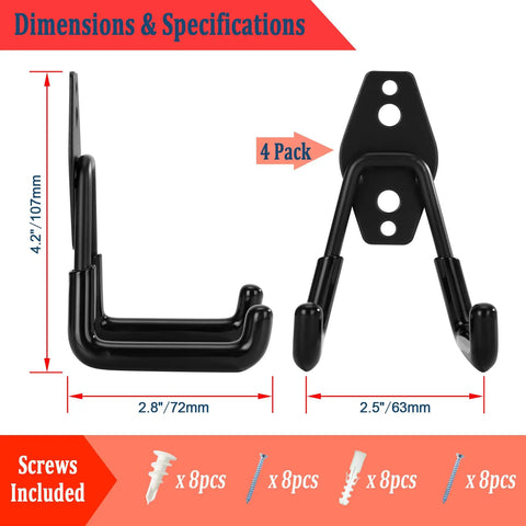 Heavy Duty Garage Hooks 4 Pack Wall Mount Tool Organizer for Ladders Garden Tools Bikes Strong Steel Utility Hooks