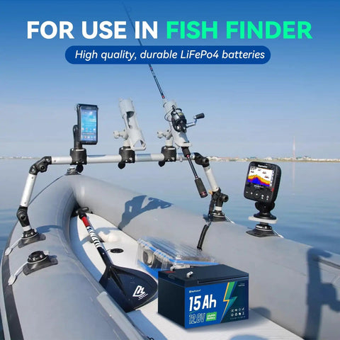 15Ah 12.8V battery on kayak with fish finder, showcasing use of 12V LiFePO4 Battery With 20A BMS For Ride On Toys And Toy Cars