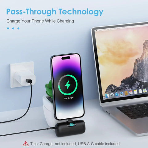 Nifty 5000mAh PD Fast Charging Power Bank For iPhone 14 And 13 Series charging a phone with pass-through technology by a laptop.