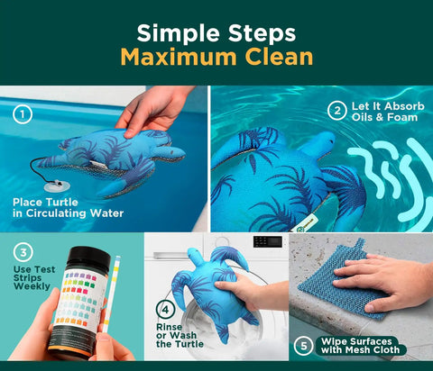 Hot Tub Scum Absorber Turtle 2 Pack Floating Spa Sponge in use for removing oils and foam from water surface.