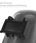 Close-up of Tigerhood Classic Thermoplastic Welding Helmet With Speedy Loop Hard Hat Mount Gray Medium, Shade 10 lens visible