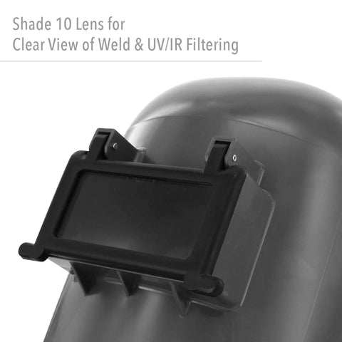 Close-up of Tigerhood Classic Thermoplastic Welding Helmet With Speedy Loop Hard Hat Mount Gray Medium, Shade 10 lens visible