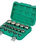 Heavy Duty 12 Point Ratchet Socket Set With Power Drill Adapter Kit For Easy Bolt Removal And Smooth Torque Distribution In Your Garage Or Workshop Plus Storage Case, green case open