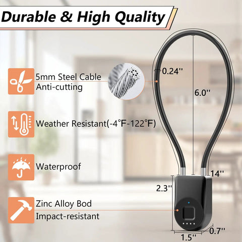 Super Slick Fingerprint Cable Lock For Fridge And Cabinets With Bluetooth App Control Child Proof Security For French Doors And Drawers No Hassle Peel And Stick, showcasing dimensions and sturdy design.
