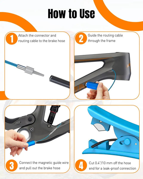 Step-by-step guide showing Bike Internal Cable Routing Tool Kit With Hydraulic Hose Cutter for DIY setup on a bike frame