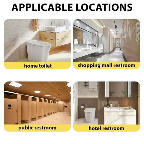 Various bathrooms showing the Portable Toilet Installation Lift Jack And Foldable Dolly For Easy Toilet Moving, Alignment And Seals use.