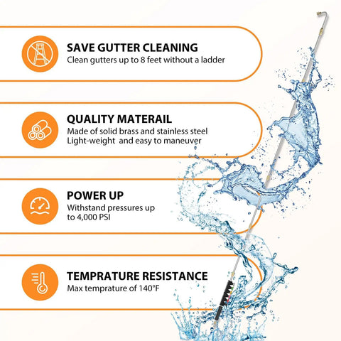 Eight Foot Pressure Washer Extension Wand For Gutter Cleaning With Six Nozzle Tips And Three Gutter Attachments, water splash details