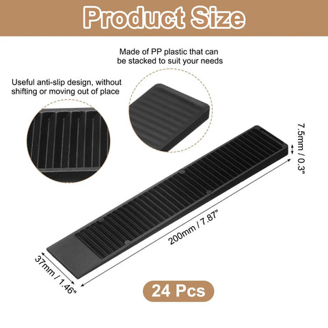 24 Pack Composite Leveling Shims And Wedges, 7.87 Inch Black Plastic Shims shown with dimensions and non-slip texture