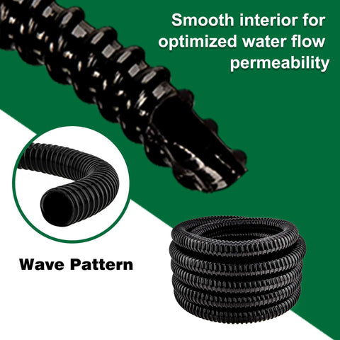 Corrugated black 1-inch ID pond hose, flexible PVC tubing with wave pattern for ponds, aquariums, and garden pumps.