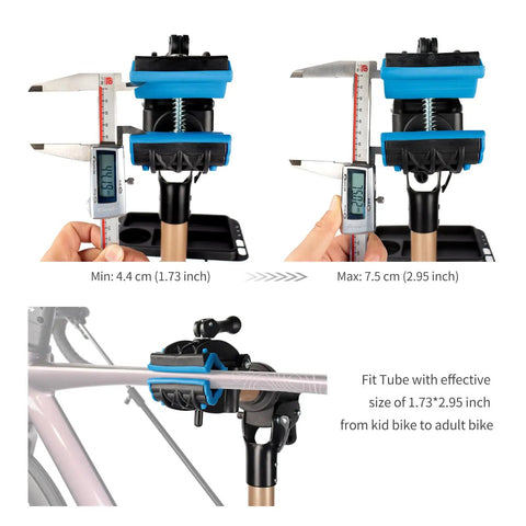 Two Leg Bike Repair Stand For Home Mechanics, showing adjustable clamp size between 1.73 and 2.95 inches for versatile bike fitment