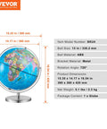 Rotating 13 Inch World Globe With Stand For Kids And Classrooms 720 Degree Spin Precise Time Zone ABS Material Educational Geography Globe with measurements and specifications