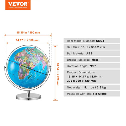 Rotating 13 Inch World Globe With Stand For Kids And Classrooms 720 Degree Spin Precise Time Zone ABS Material Educational Geography Globe with measurements and specifications