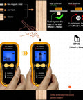 AUNMAS ABS Construction Handheld Stud Finder Wall Scanner with LCD Display, showing detection of wood and metal with sensors.