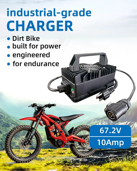 Image of 672W Fast Charger 67.2V 10A For Electric Dirt Bikes And E Bikes, waterproof with cooling fan, next to red electric dirt bike.
