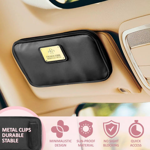EverLit Care car first aid kit in black zippered pouch with gold metal logo plate, mounted on car ceiling.