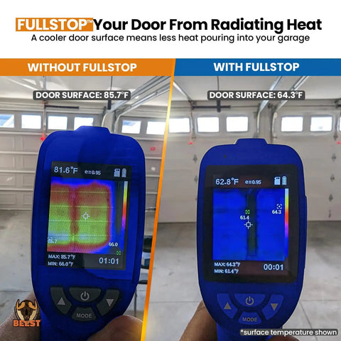 Thermal image comparison showing temperature difference before and after using Top Rated Garage Door Insulation Kit For 8x8 Single Doors.