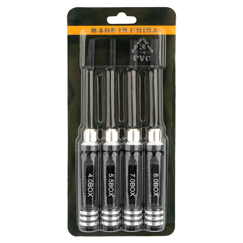 RC Nut Driver Set With Titanium Coated Tips For Hobby Drones Quadcopters Cars And Planes Four Size Hex Wrenches 4.0mm 5.5mm 7.0mm 8.0mm Durable High Speed Steel Tools For Precise Repairs in packaging
