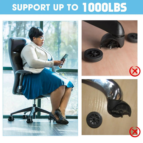 Heavy Duty Office Chair Glides Convert Swivel Casters To Stationary Feet For Gaming Or Desk Chairs Easy Slide On Anti Roll Floor Safe Rock Solid Setup Keeps Things Dead Still No Slipping Allowed with woman seated.