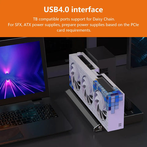 Next Level EGPU Enclosure Thunderbolt 3 Usb4 0 40Gbps External Graphics Dock with USB4.0 interface next to a sleek laptop.