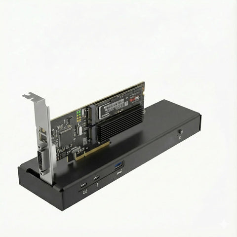 Next Level 80Gbps eGPU Enclosure For Thunderbolt 5 And USB4 Systems featuring an external GPU with ports for connectivity.