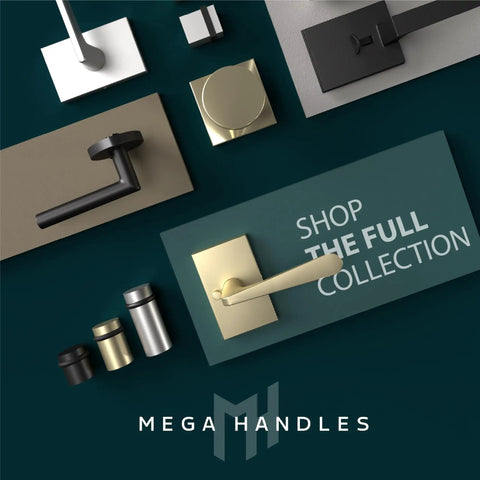 Assorted handle styles including matte black, gold, and silver for doors, displayed over a dark background.