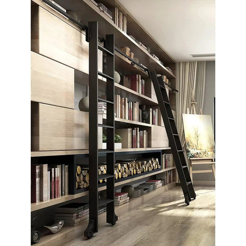 Heavy Duty Sliding Barn Door Hardware Kit with Adjustable Overhead Rail and Satin Black Finish, featuring ladders on shelving.