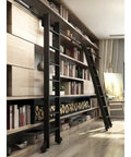 Slick Rolling Library Ladder Hardware Kit In Satin Black With Heavy Duty Casters Wrought Iron Track in stylish living room setting.