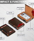 Slim Pop Up Card Holder Wallet For Men With RFID Blocking Aluminum Build No Fuss Quick Eject Card Mechanism Holds Nine To Thirteen Cards showing ID window