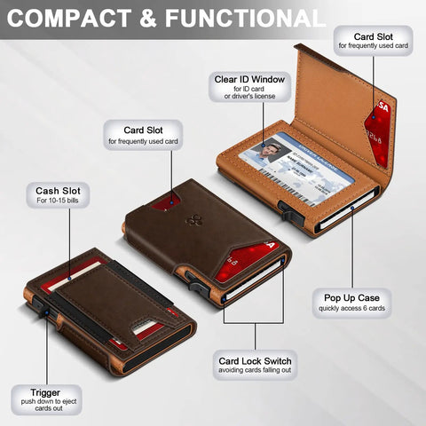 Slim Pop Up Card Holder Wallet For Men With RFID Blocking Aluminum Build No Fuss Quick Eject Card Mechanism Holds Nine To Thirteen Cards showing ID window