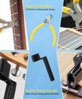 72 Piece Guitar Tool Kit with fret pliers and string winder for setup, intonation, and repair, visible on various guitar components.