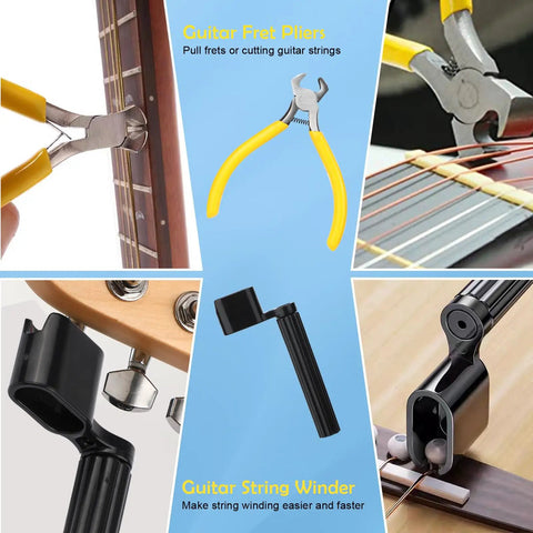 72 Piece Guitar Tool Kit with fret pliers and string winder for setup, intonation, and repair, visible on various guitar components.