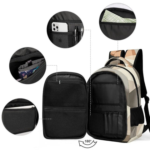 Interior view of Low Poly Papercraft Reader Portrait Backpack showing compartments and pockets.