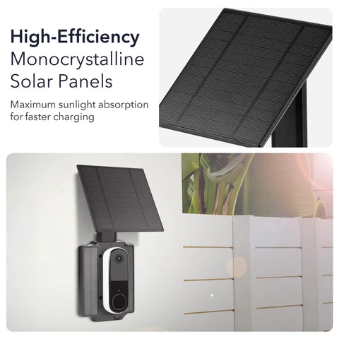 Doorbell Solar Charger with built-in battery for Arlo Wyze and Eufy, mounted outdoors with high-efficiency monocrystalline solar panels